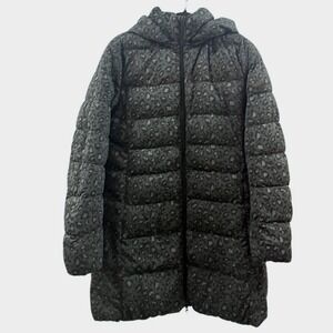 Uniqlo Dark Grey Leopard Cheetah Down Puffer Long Jacket "Stretch" Fabric Size L